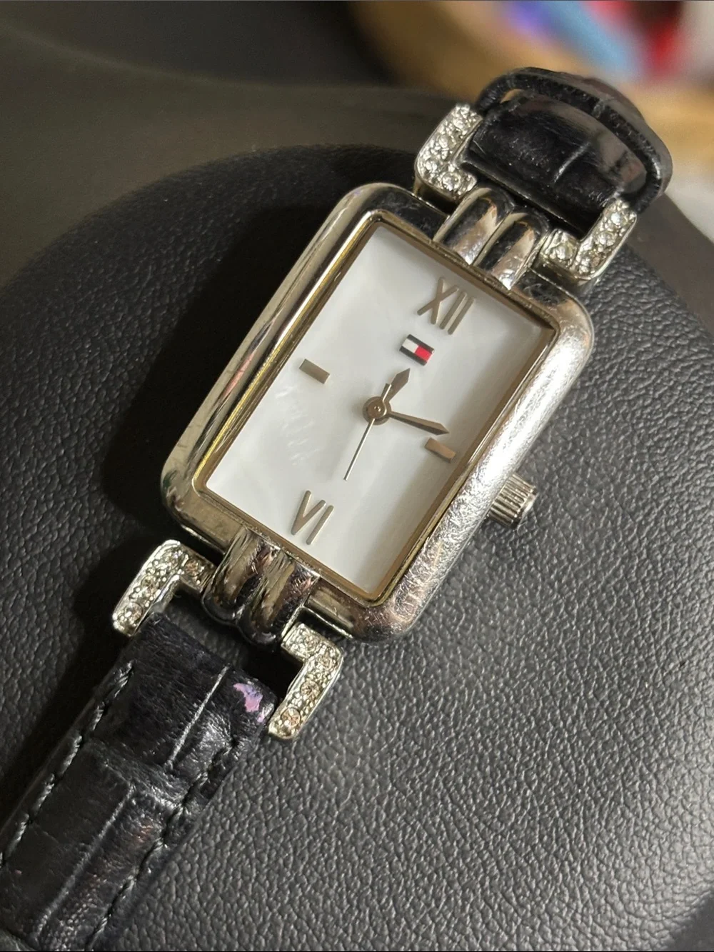 Vintage Tommy Hilfiger Croc Leather Working Black Silver Y2k Retro Watch